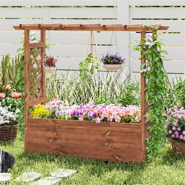 Natural Pine Wood Raised Garden Bed with Hanging Roof - Outdoor Planting