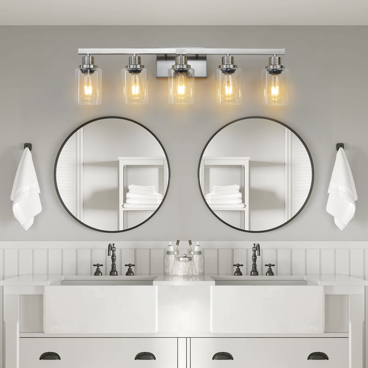Modern 5-Light Bathroom Vanity Light Fixture - Brushed Nickel with Glass Shades