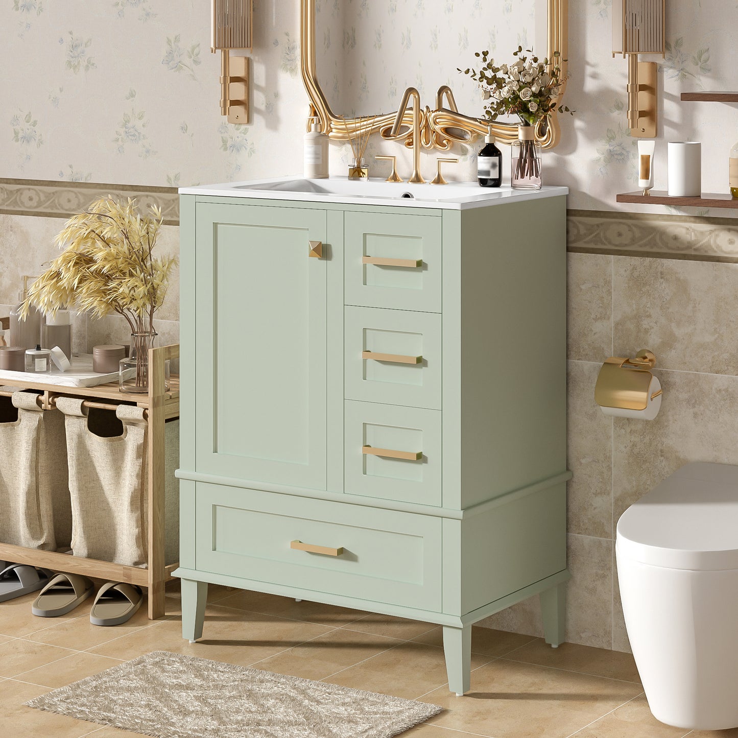 24.8" Bathroom Vanity with Ceramic Sink - Green Freestanding Cabinet