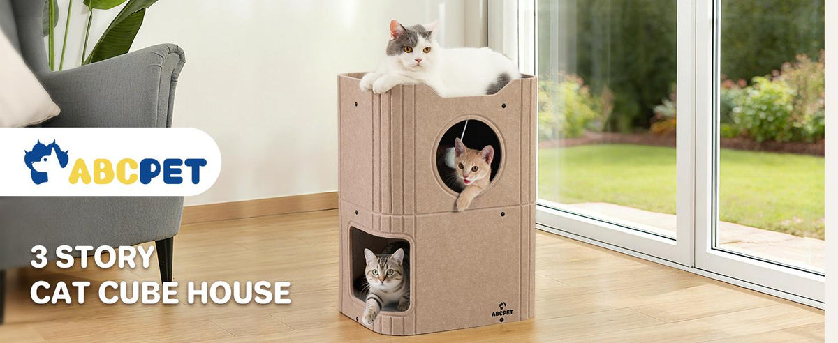 Indoor Felt Cat House with Scratch-Resistant Cube & Hanging Ball - Light Gray