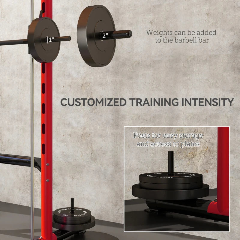 Adjustable Squat Rack with Pull-Up Bar & Barbell - Red