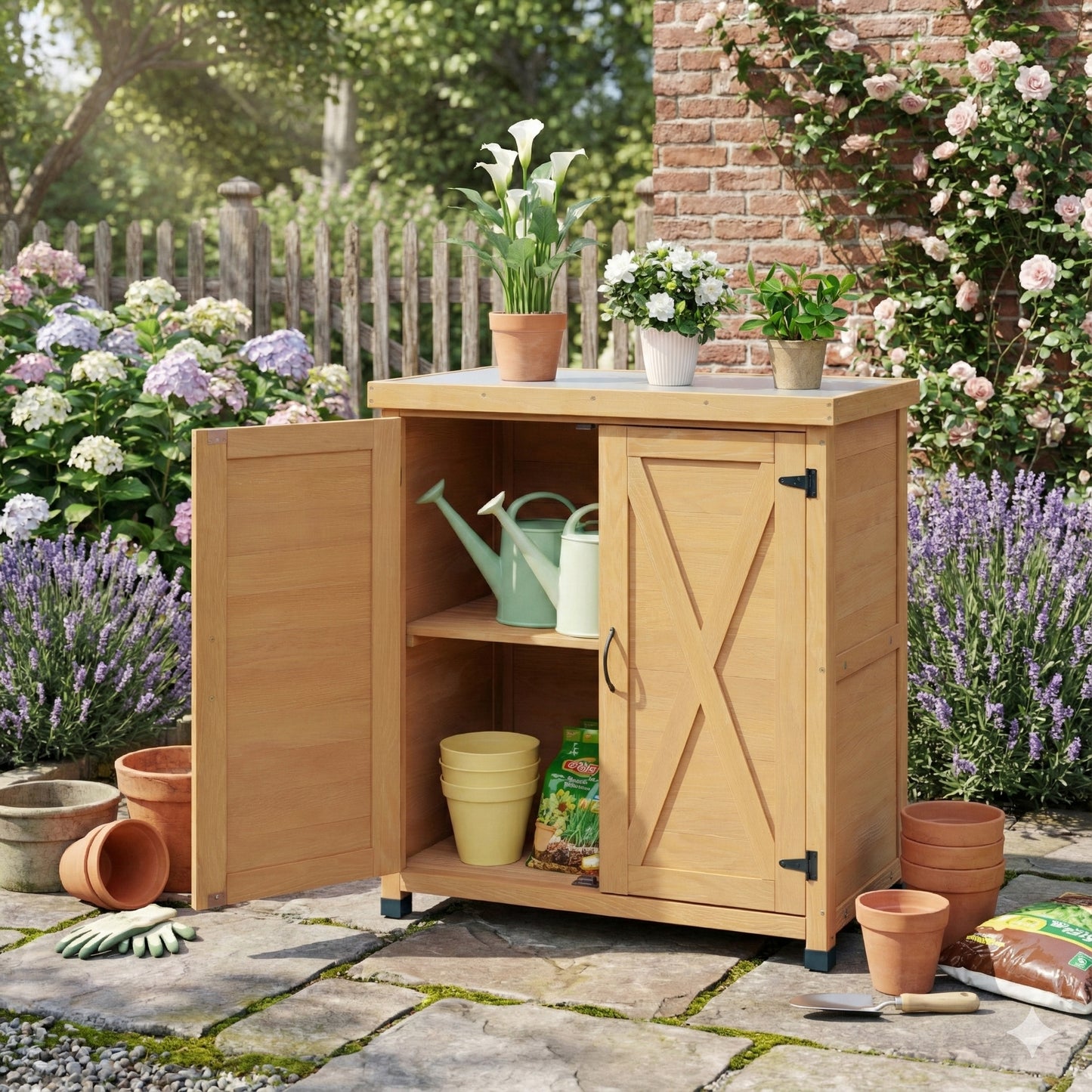 Potting Bench With Storage Cabinet And Metal Table Top For Outdoor