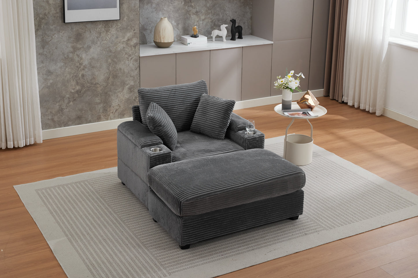 Corduroy Upholstered Chaise Lounge Sofa with Storage & Ottoman - Grey