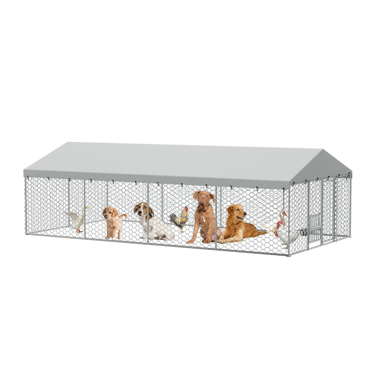 Large Outdoor Dog Kennel with Canopy - Heavy Duty Galvanized Steel Frame, Waterproof Cover, Elevated Feeders, Escape-Proof Locking Pet Run