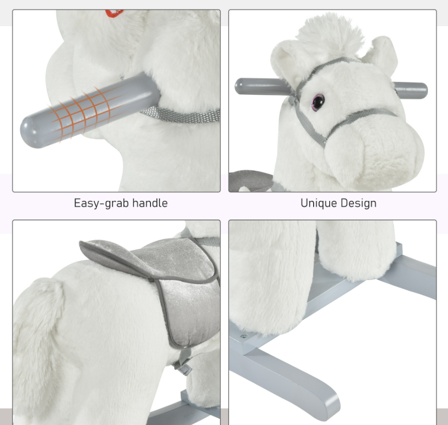 White Plush Rocking Horse with Bear Toy for Kids - Soft Sound