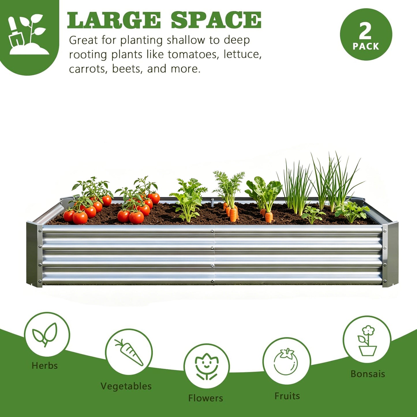 2PCS Metal Raised Garden Planter Beds 6' x 3' x 1' - Silver