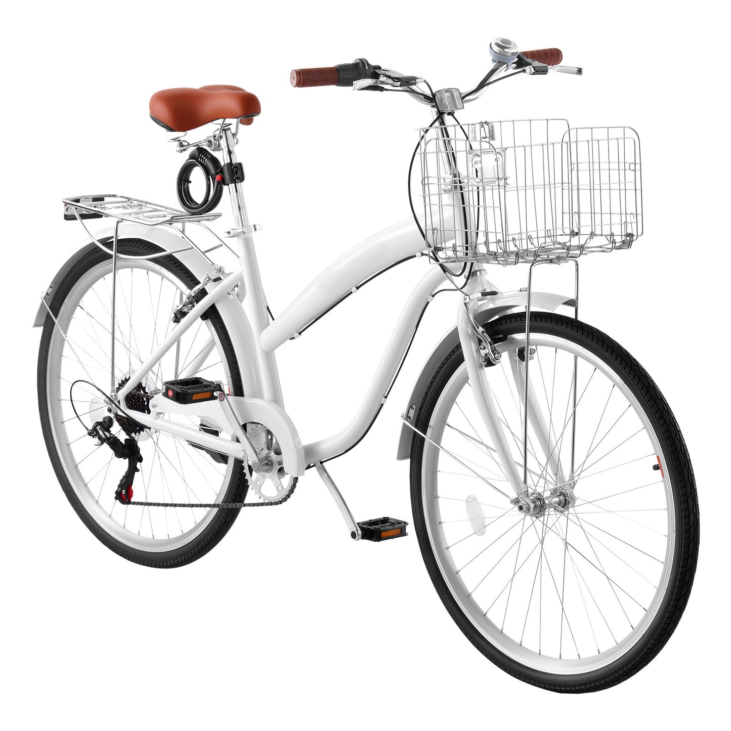 Women’s 26 Inch Beach Cruiser Bike - 7-Speed City Bicycle with Basket & Rear Rack