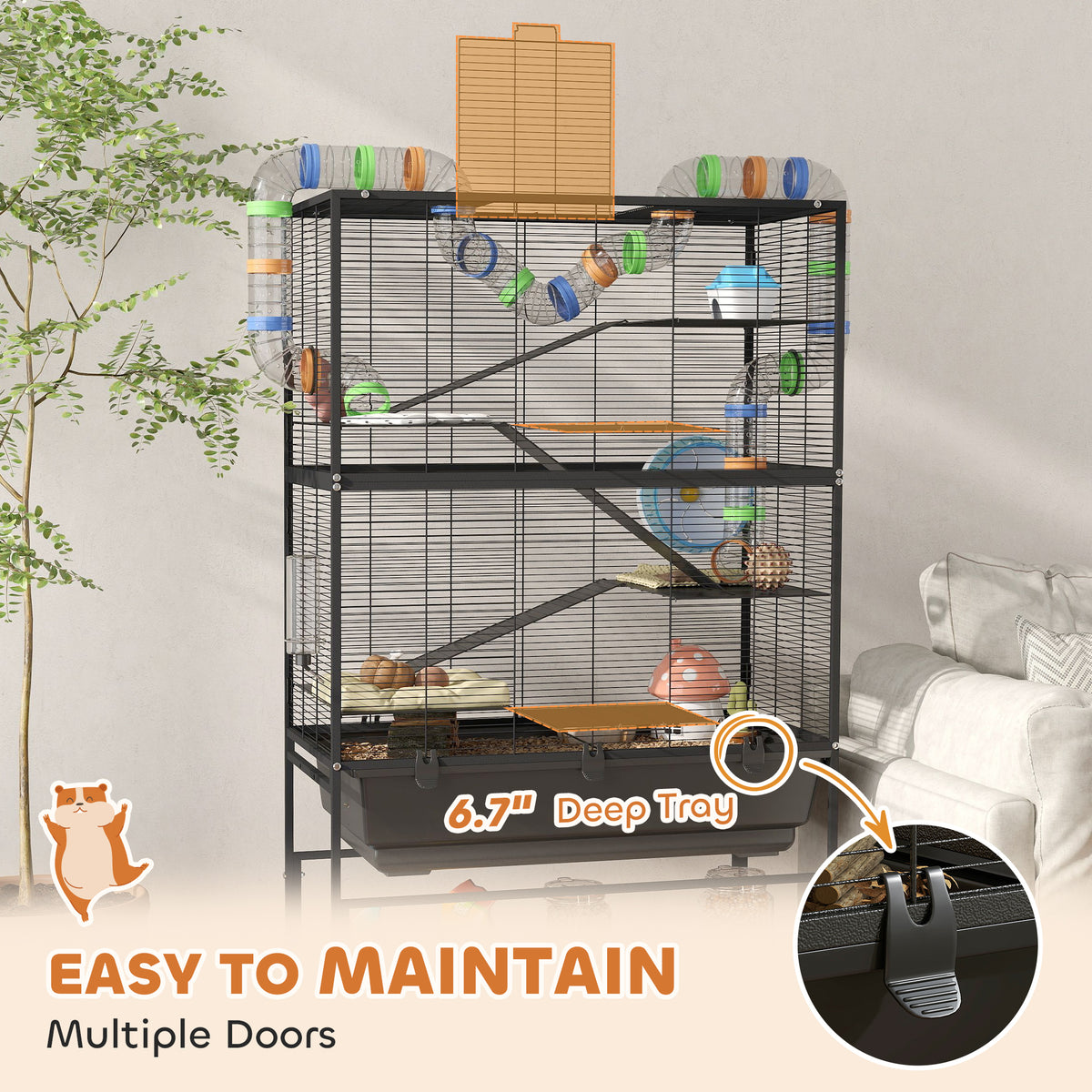5-Tier Hamster Cage with Deep Tray & Exercise Wheel, Rolling Steel Pet Habitat