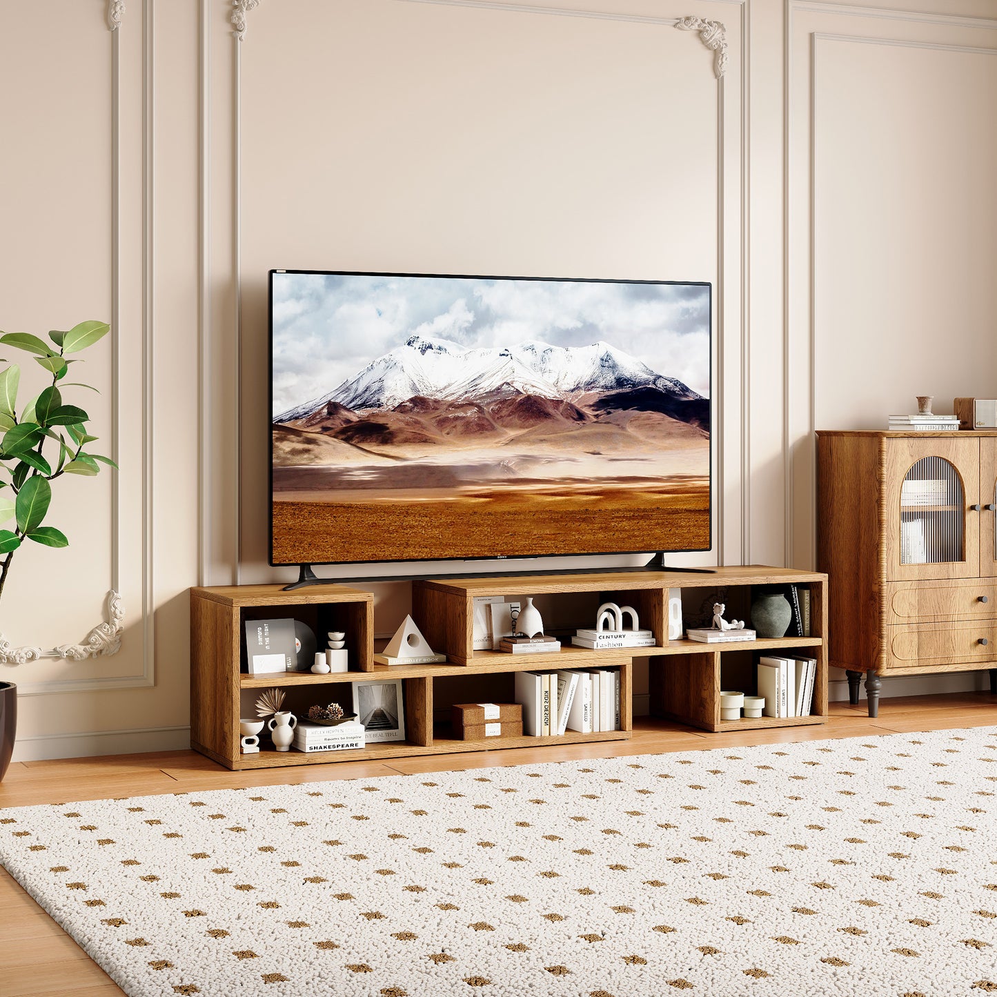 Modular Extendable TV Stand - Rustic Wood Media Console with Open Storage
