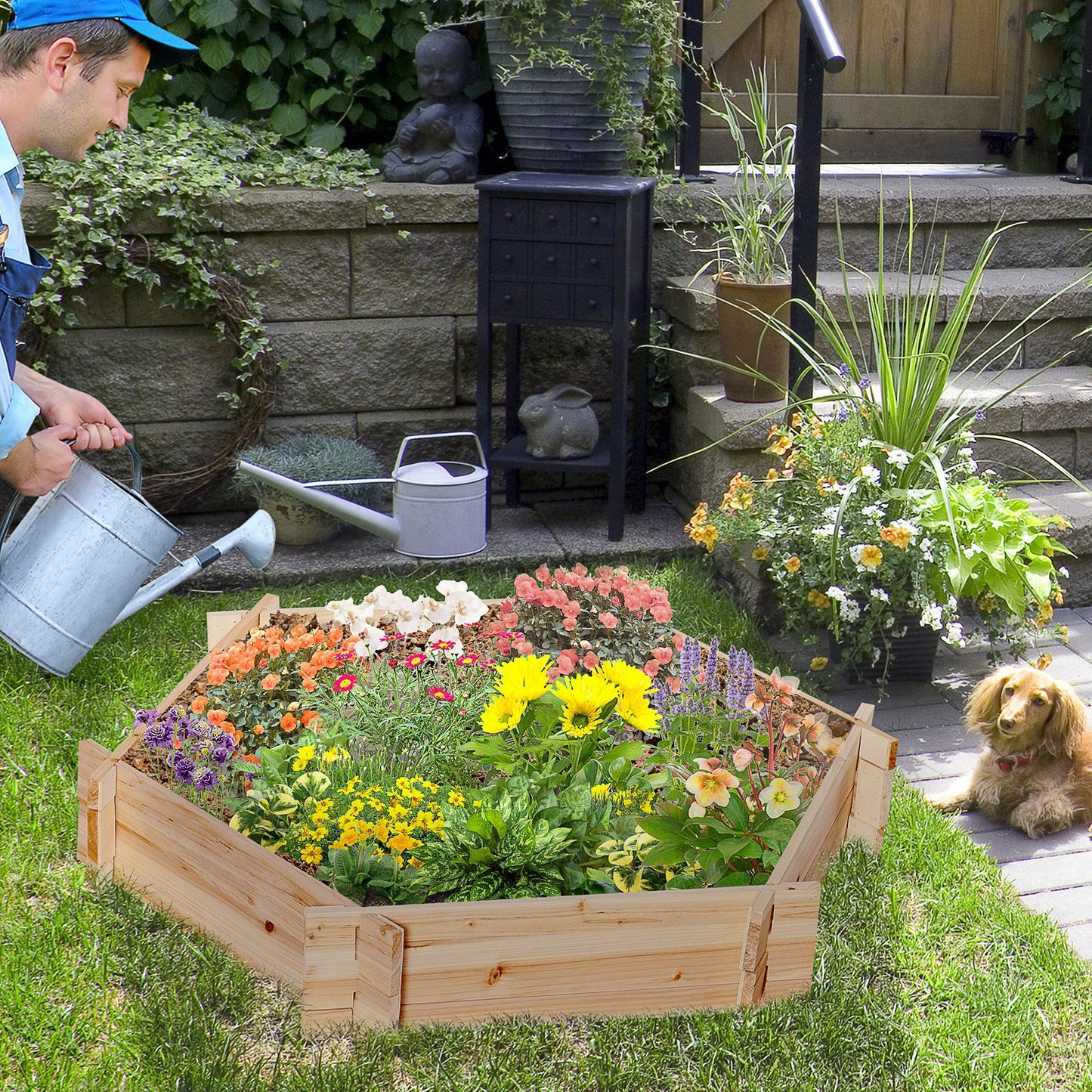 Screwless Hexagon Raised Garden Bed Planter Box for Herbs & Vegetables - Natural Wood Finish