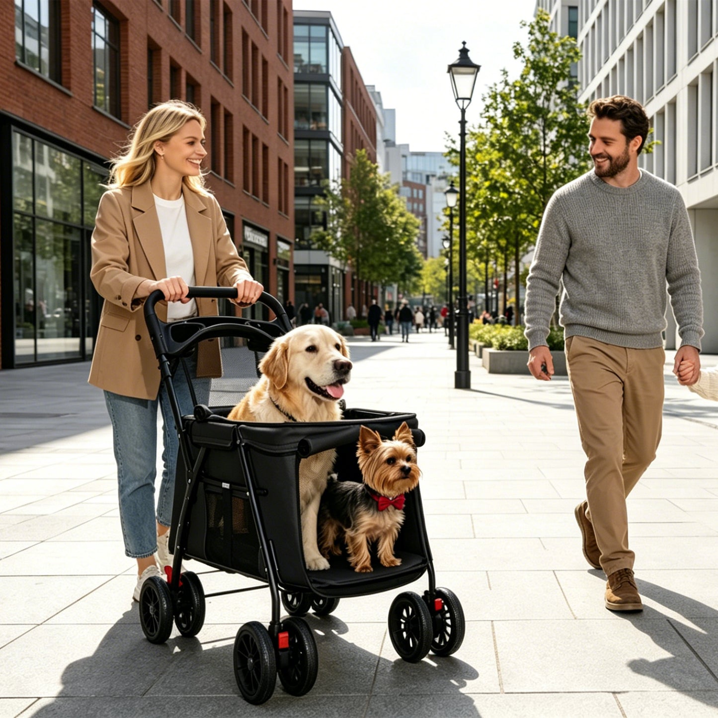 Foldable Pet Stroller for Small Medium Dogs Cats with Mesh Sides & Safety Leashes