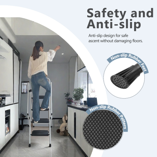 White Four-Step Ladder Folding Stepladder Anti-Slip Steel Stool Multi-Purpose