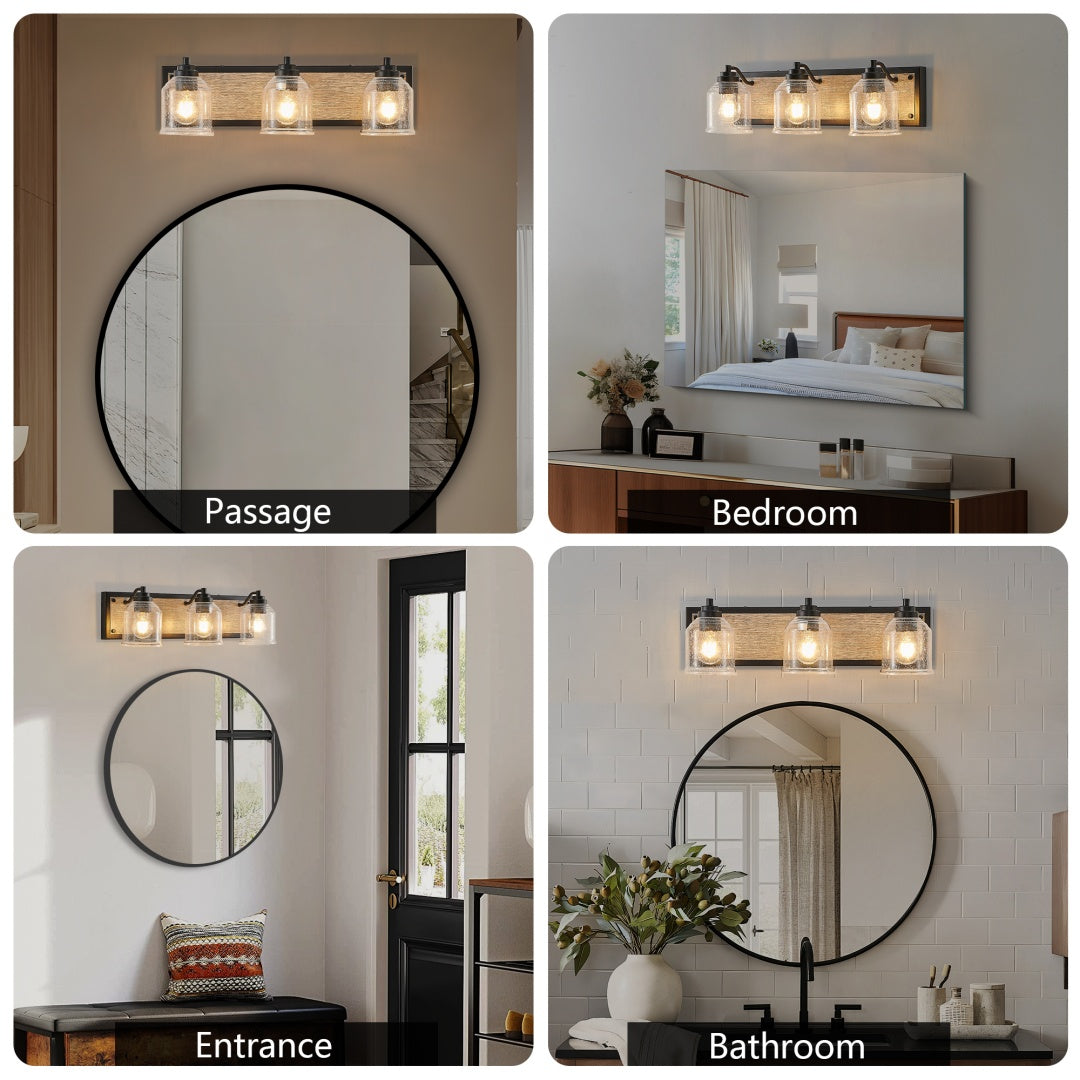 3-Light Farmhouse Vanity Light Fixture - Black & Wood Grain
