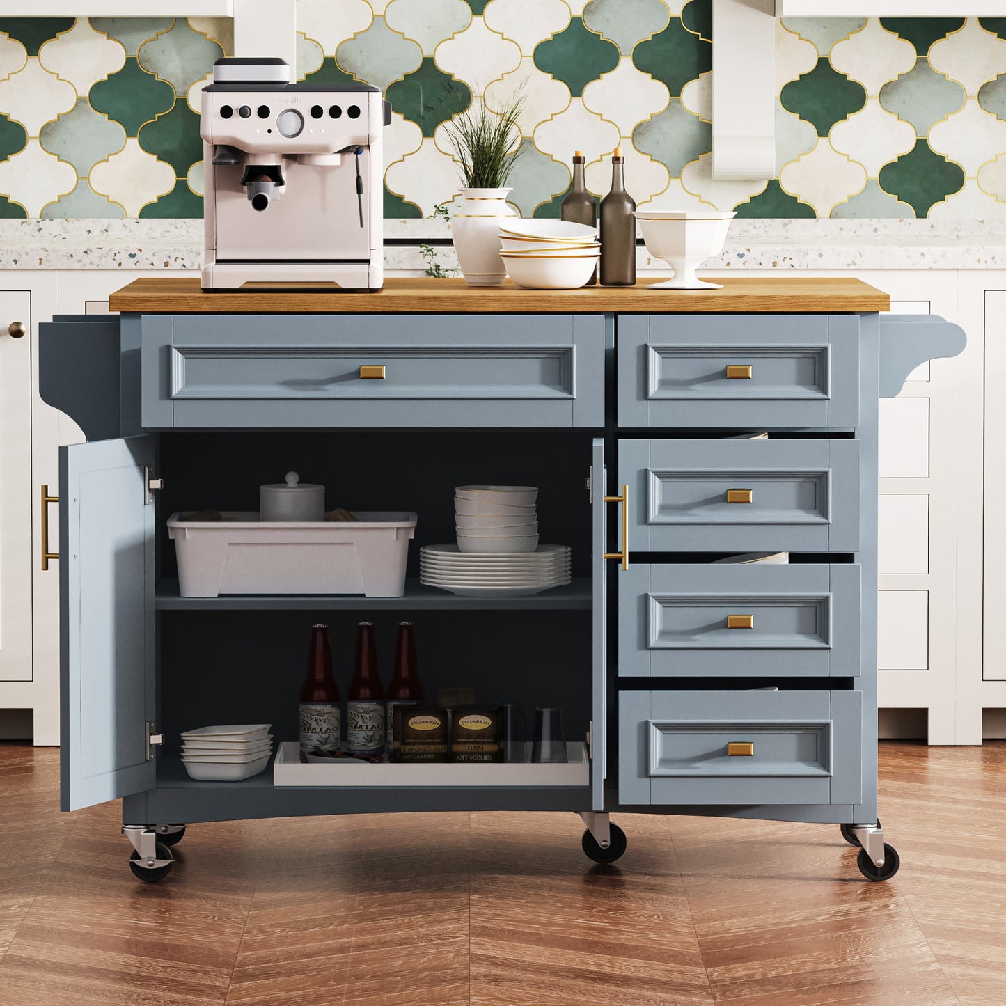 K&K 52 Kitchen Island With Drop Leaf, Embossed Texture On Wheels