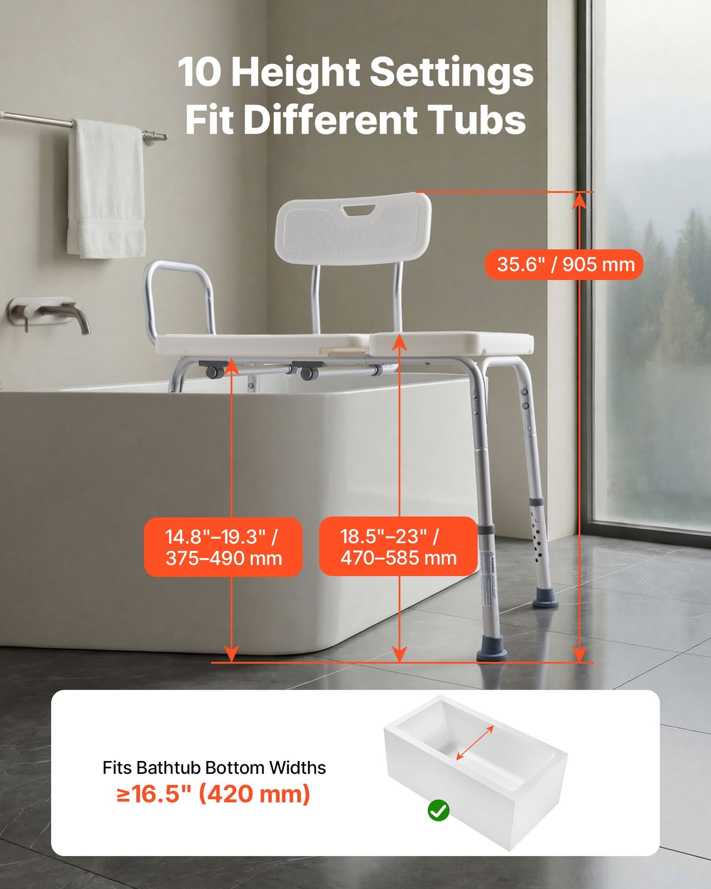 Heavy Duty Tub Transfer Bench for Bathtub with Arm & Backrest - Black
