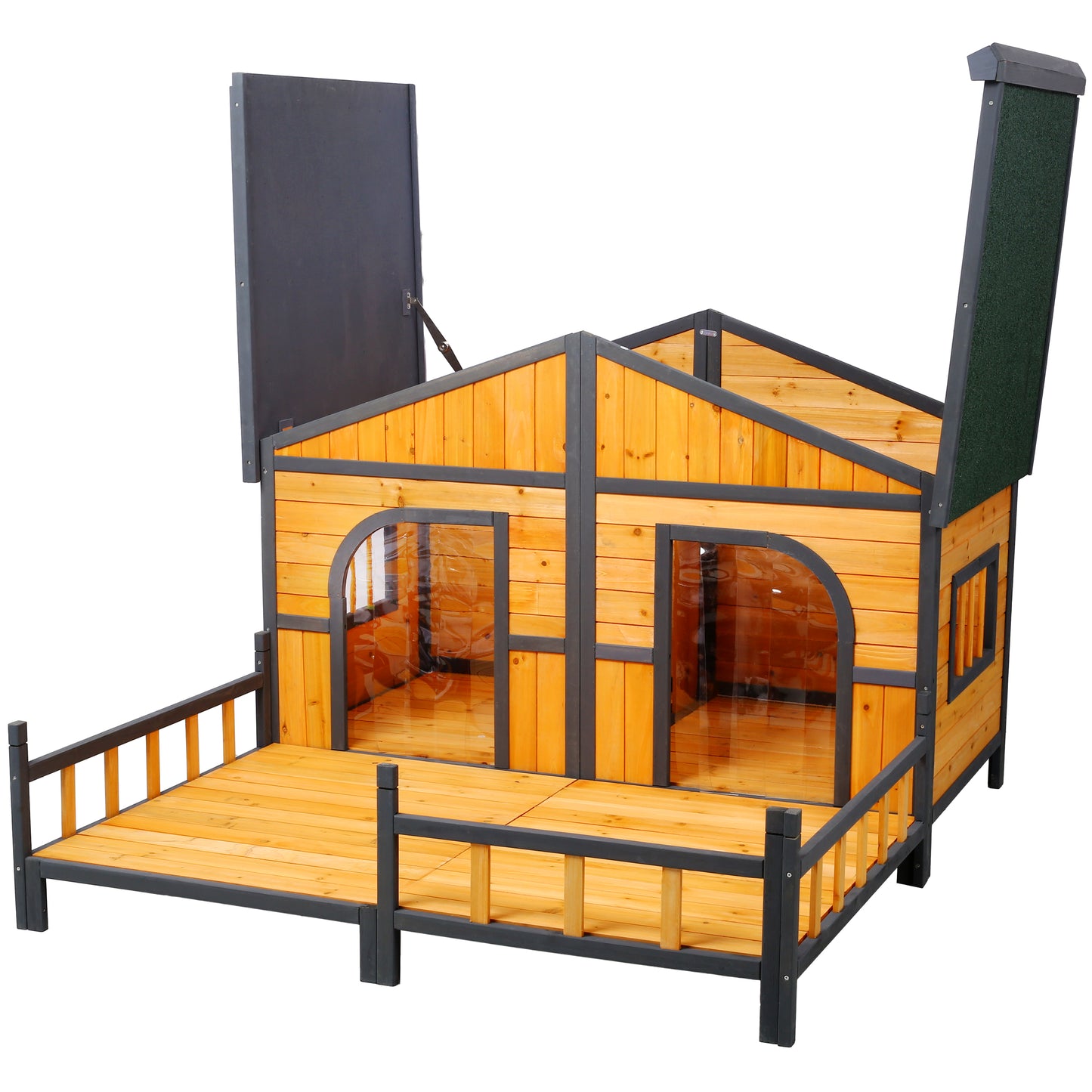 Large Wooden Dog House Outdoor Double Kennel with Porch & Elevated Floor