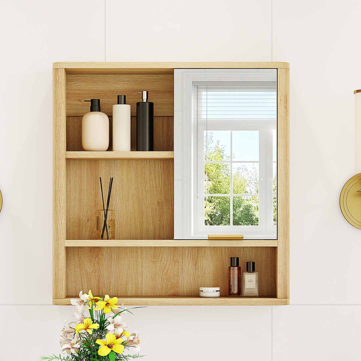 Wall Mounted Mirror Cabinet - Natural Wood Finish MDF Organizer