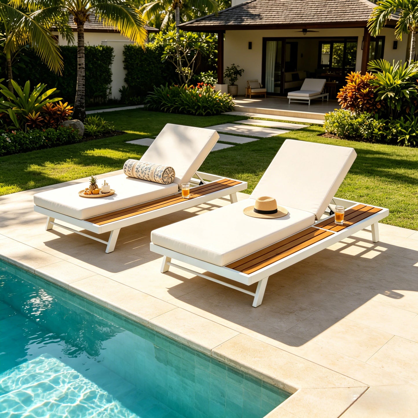 Teak Finish Chaise Lounge Set with Cream Cushion - 400 lbs Capacity