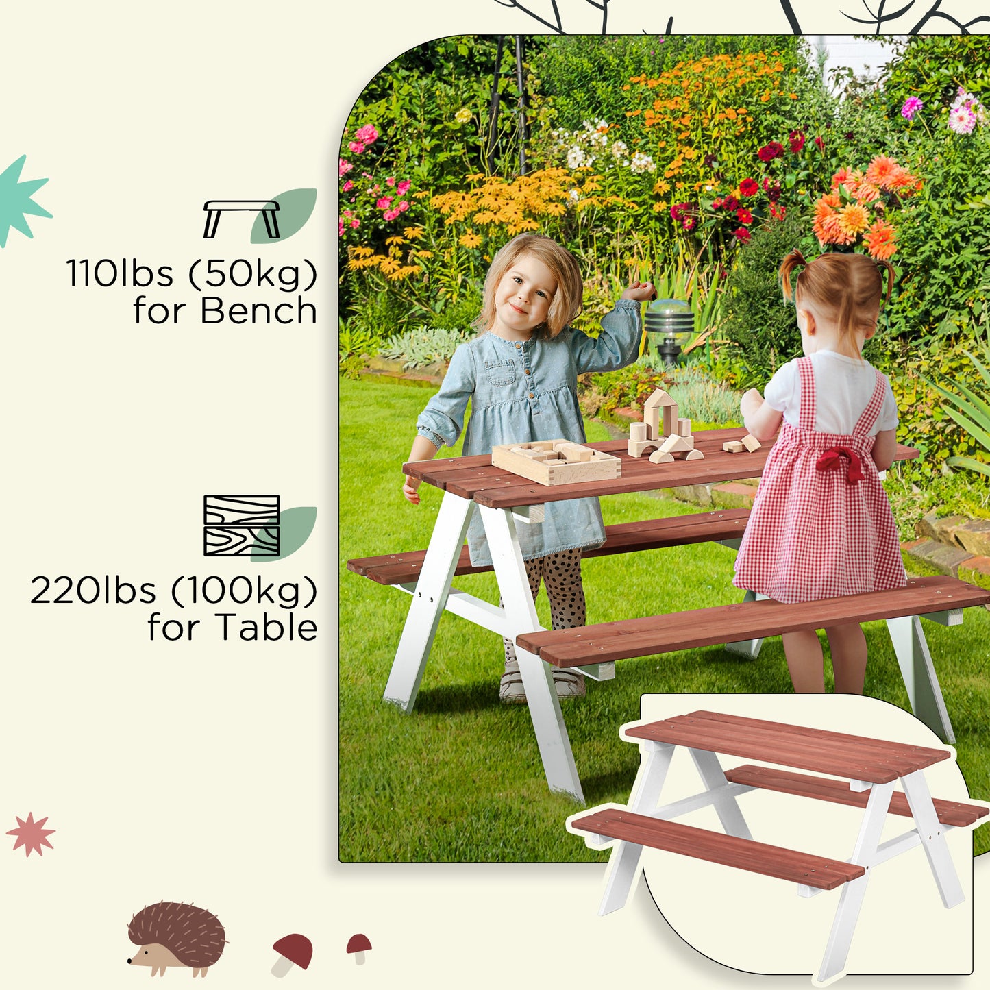Kids Picnic Table & Bench Set - Outdoor Wooden Furniture, Brown