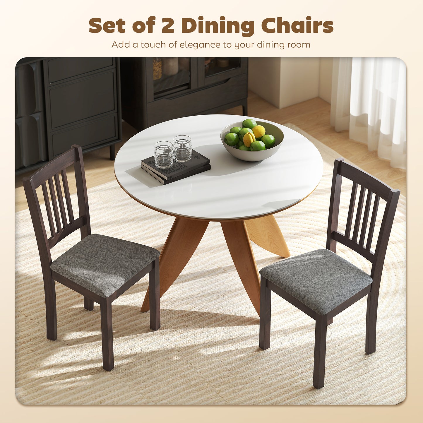 Dining Chairs Set of 2 Linen Upholstered Kitchen with Rubberwood Legs