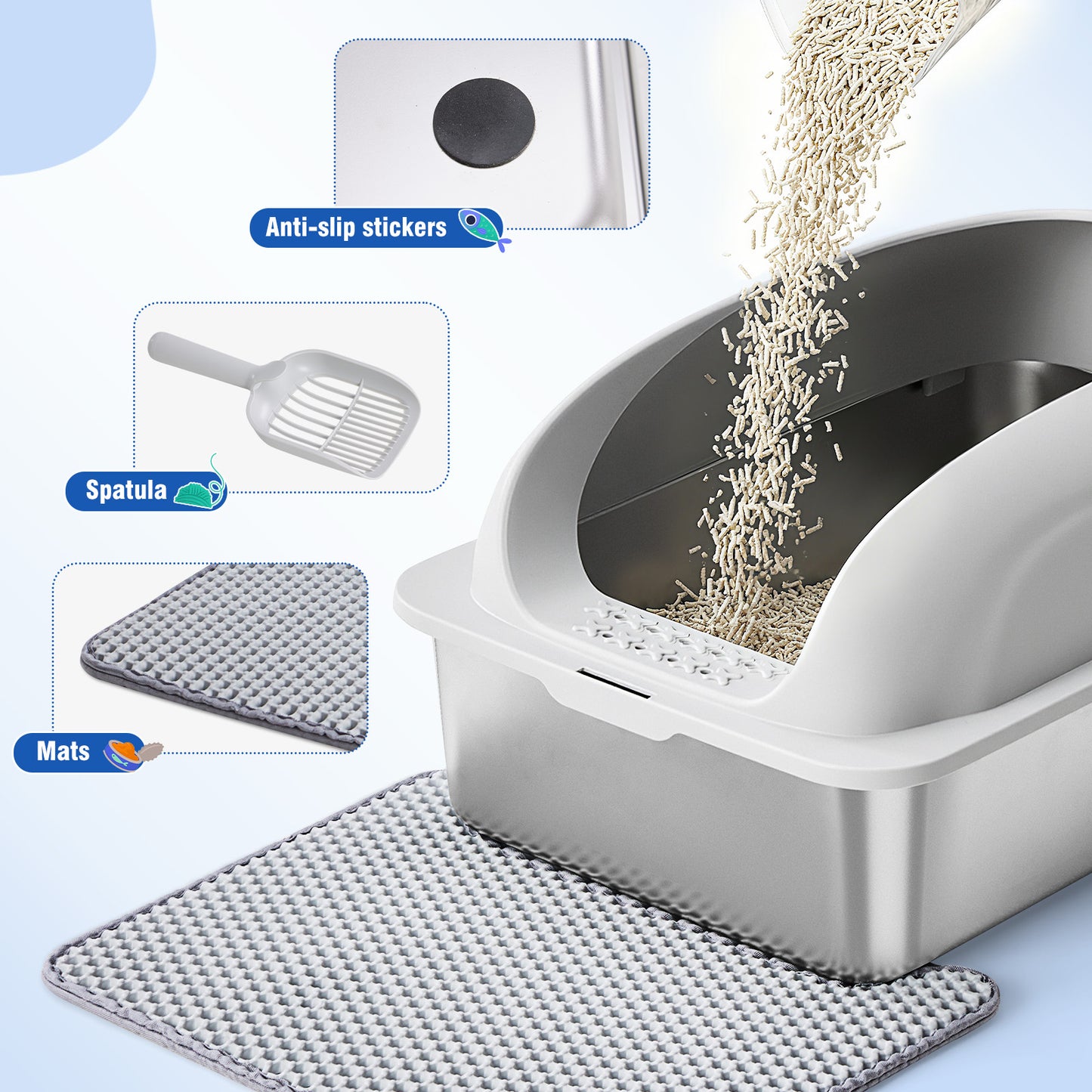Large Stainless Steel Cat Litter Box with Lid, Odor-Free, Easy to Clean, Includes Scoop & Mat