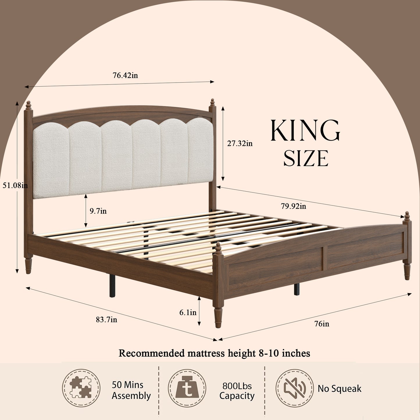King Size Platform Bed Frame with Upholstered Headboard - Brown