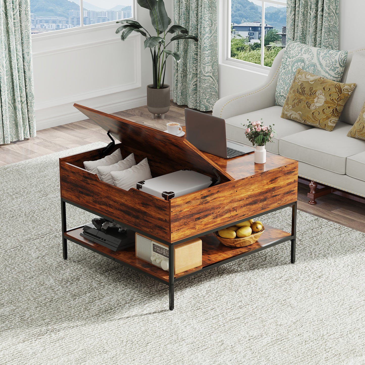 Farmhouse Flip Top Coffee Table With Storage -31.5 Rustic Wood Grain