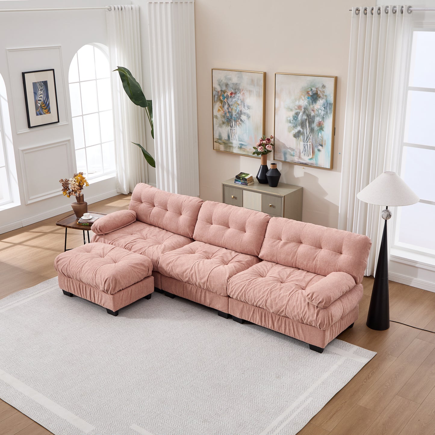 Oversized Modular Sectional Sofa with Movable Ottoman - Pink