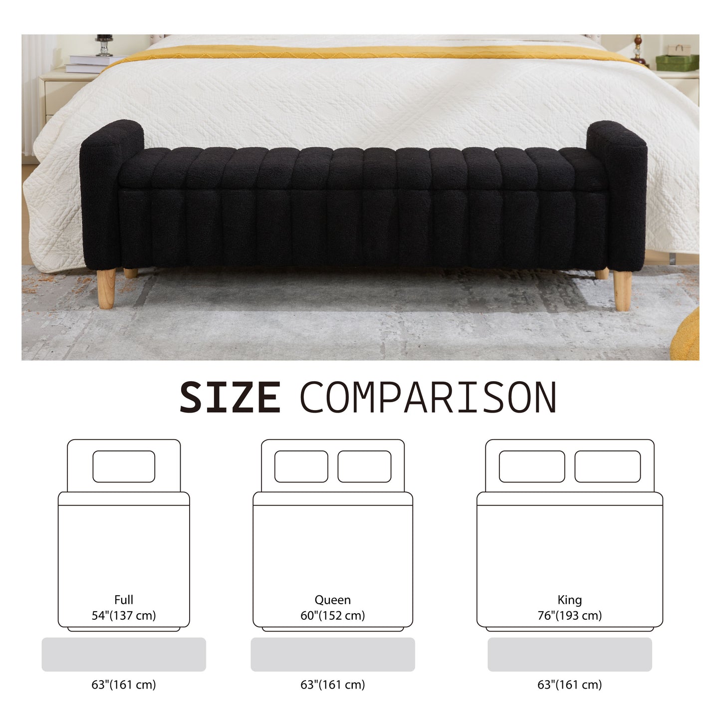 Modern Upholstered End of Bed Bench with Storage - Black