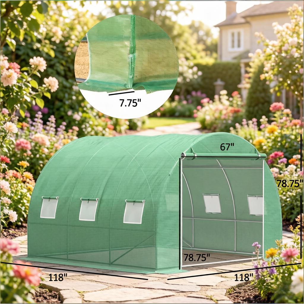 Walk-In Tunnel Greenhouse with Roll-Up Windows - Green