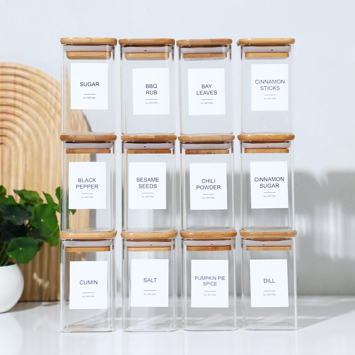 12 Pcs Square Spice Jars with 72 Stickers - Kitchen Storage