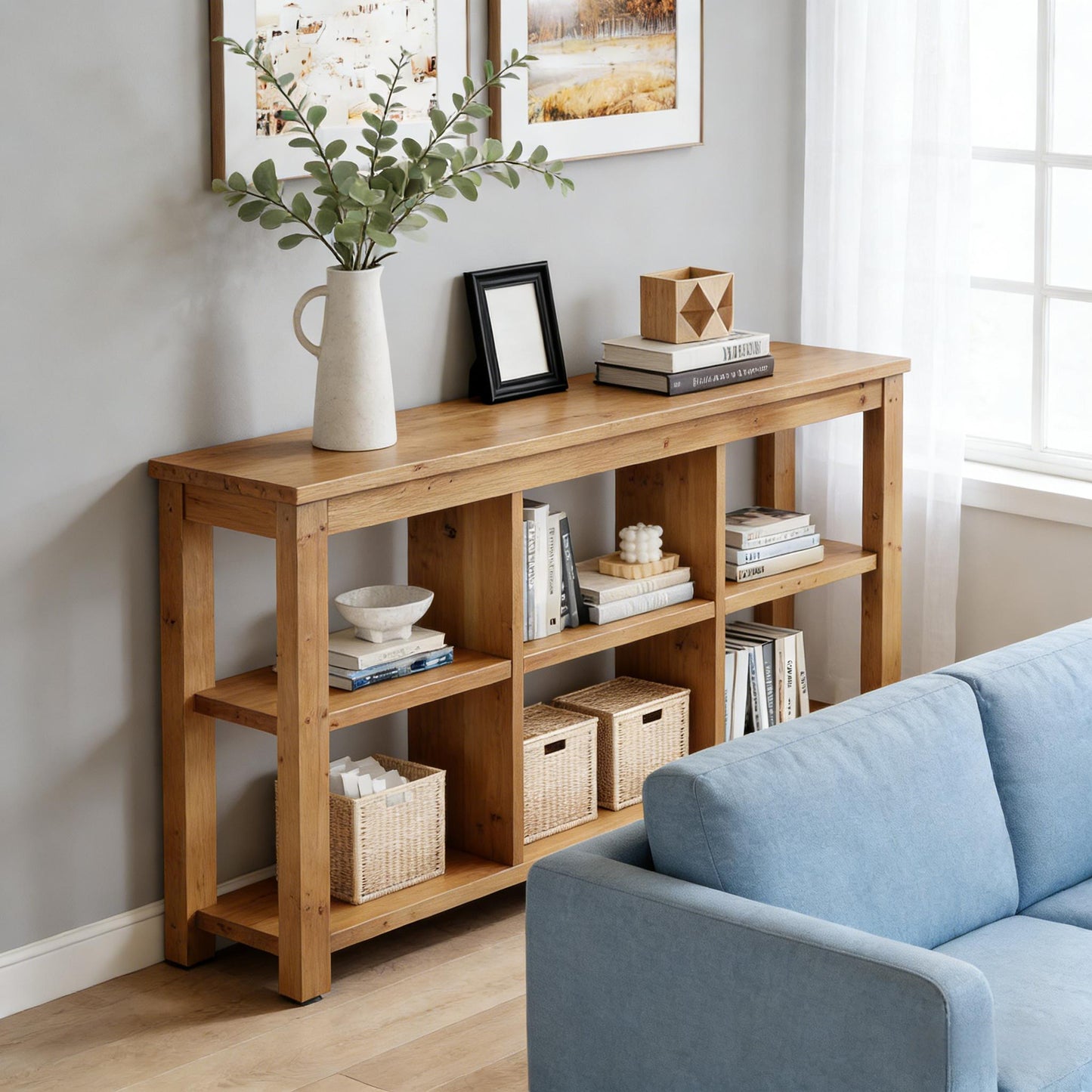 Modern Solid Wood Console Table with Adjustable Shelves - Brown