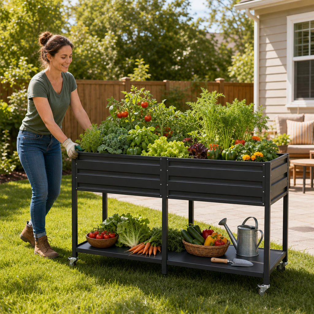 Dual Tier Metal Raised Garden Bed with Lockable Wheels & Storage Shelf - Dark Gray
