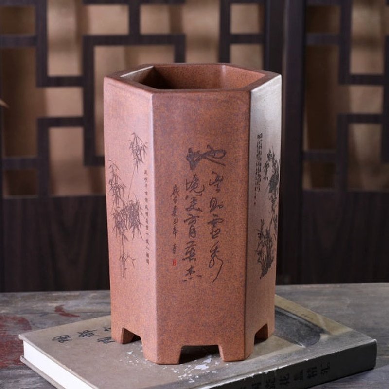 Hexagonal Incense Cylinder Pot - Purple Clay Flower Vase for Home Decor