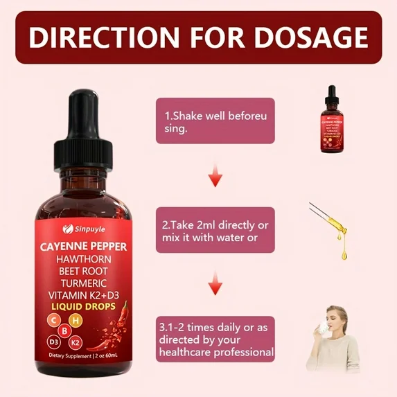 Cayenne Pepper Hawthorn Beet Root Turmeric Liquid Drops with Vitamin D3 & K2