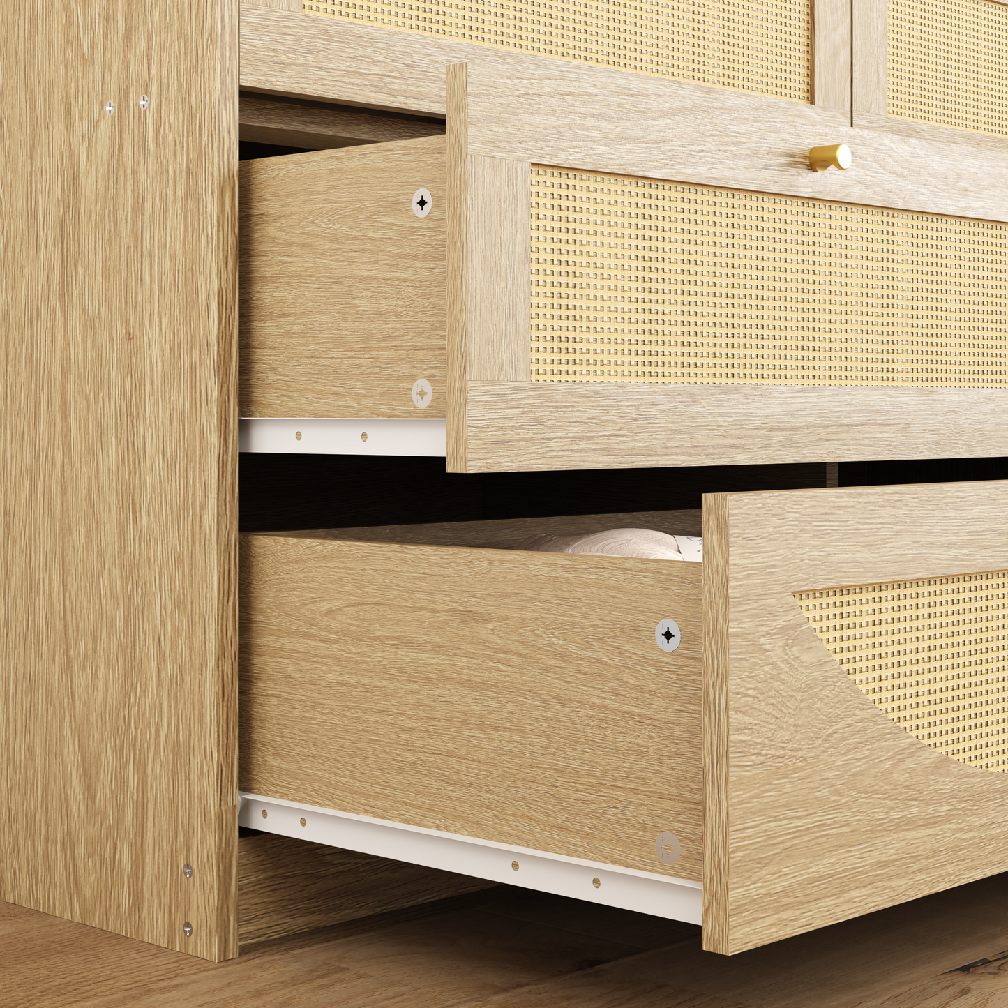 Natural 8-Drawer Dresser with Rattan Front - Wide Storage Cabinet