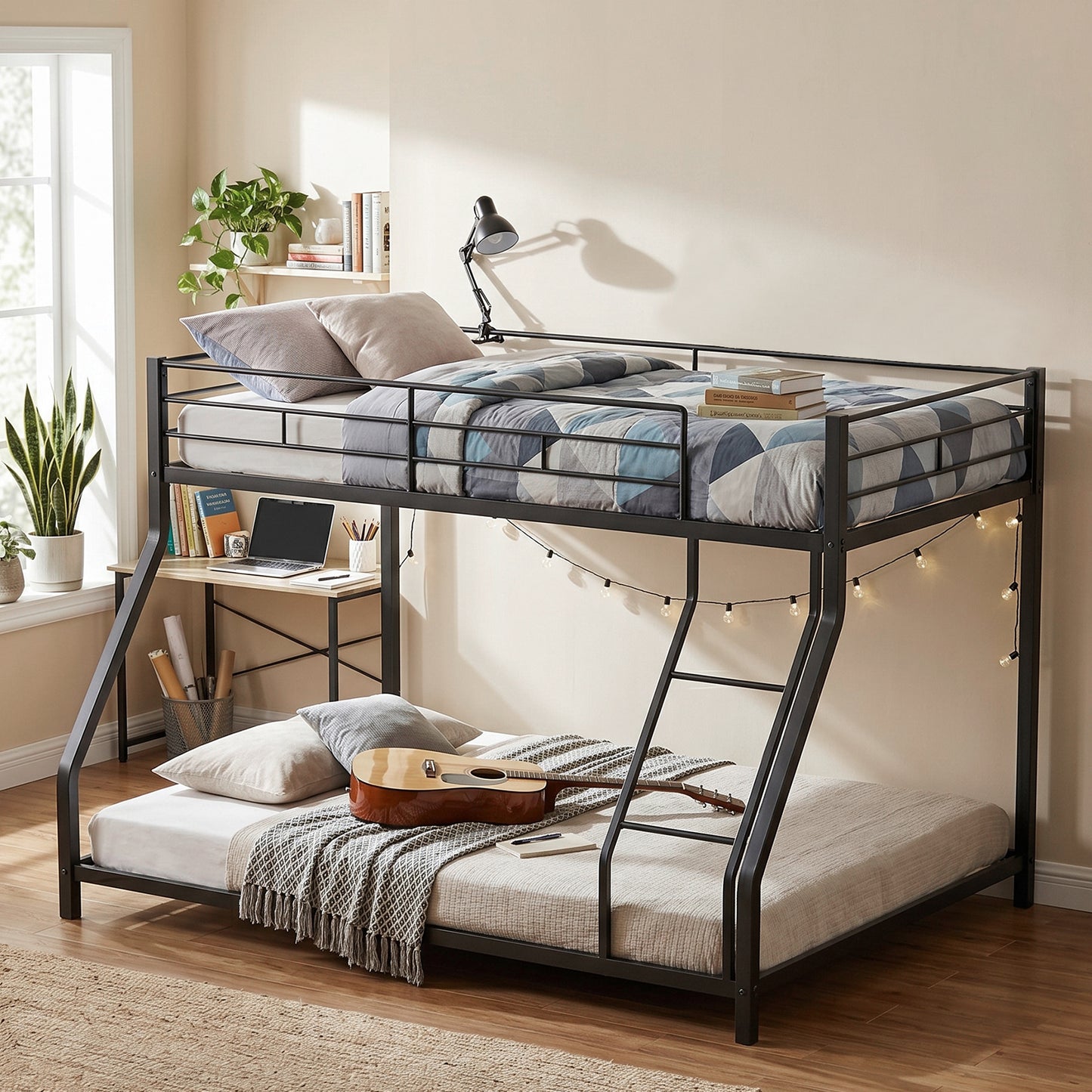 Twin Over Full Metal Bunk Bed Frame with Ladder and Guardrail