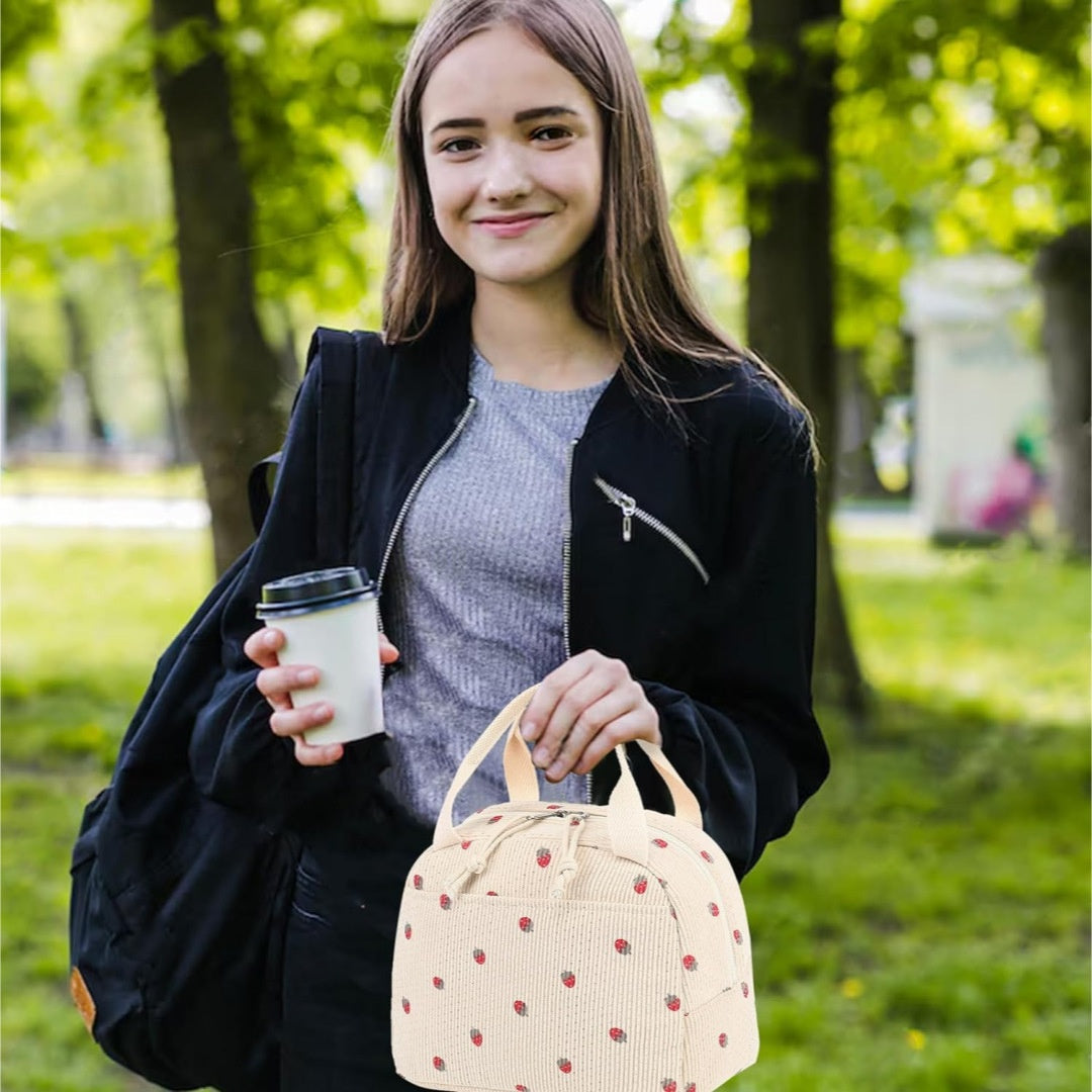 Large Capacity Insulated Lunch Bag - Corduroy Bento Tote with Fresh-Keeping Design