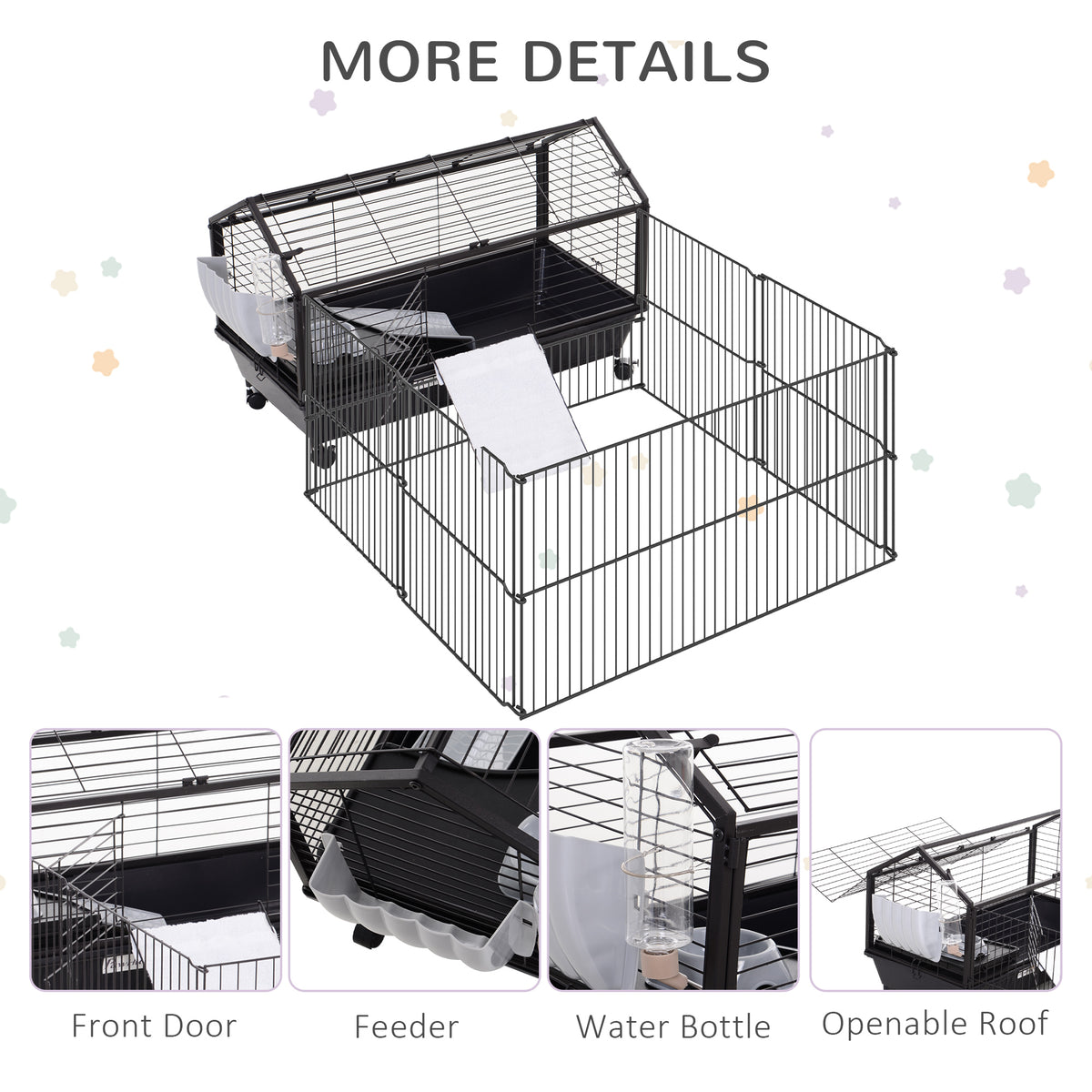 Rolling Metal Small Animal Cage with Main House and Run - Black & Beige, 930x240x515 mm