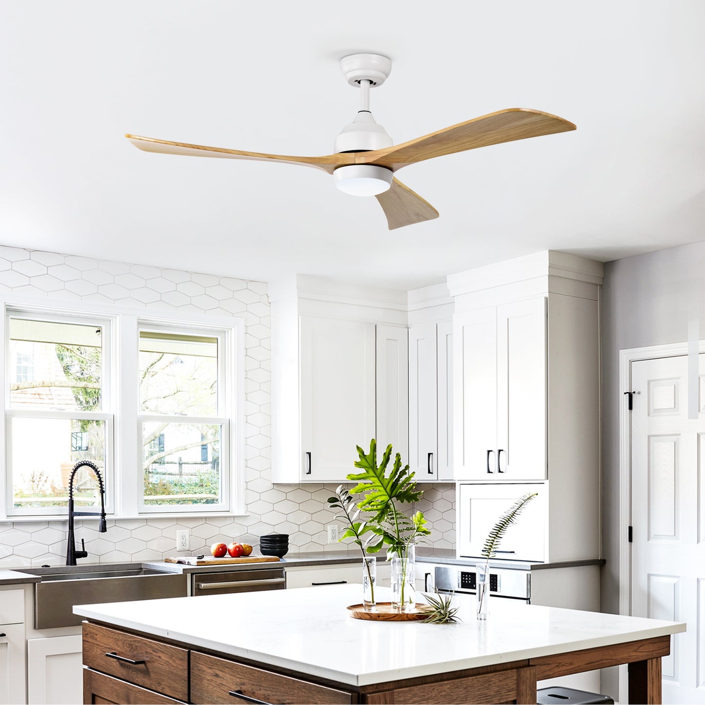 52" Solid Wood Ceiling Fan with Lights & Remote - Matte White Natural