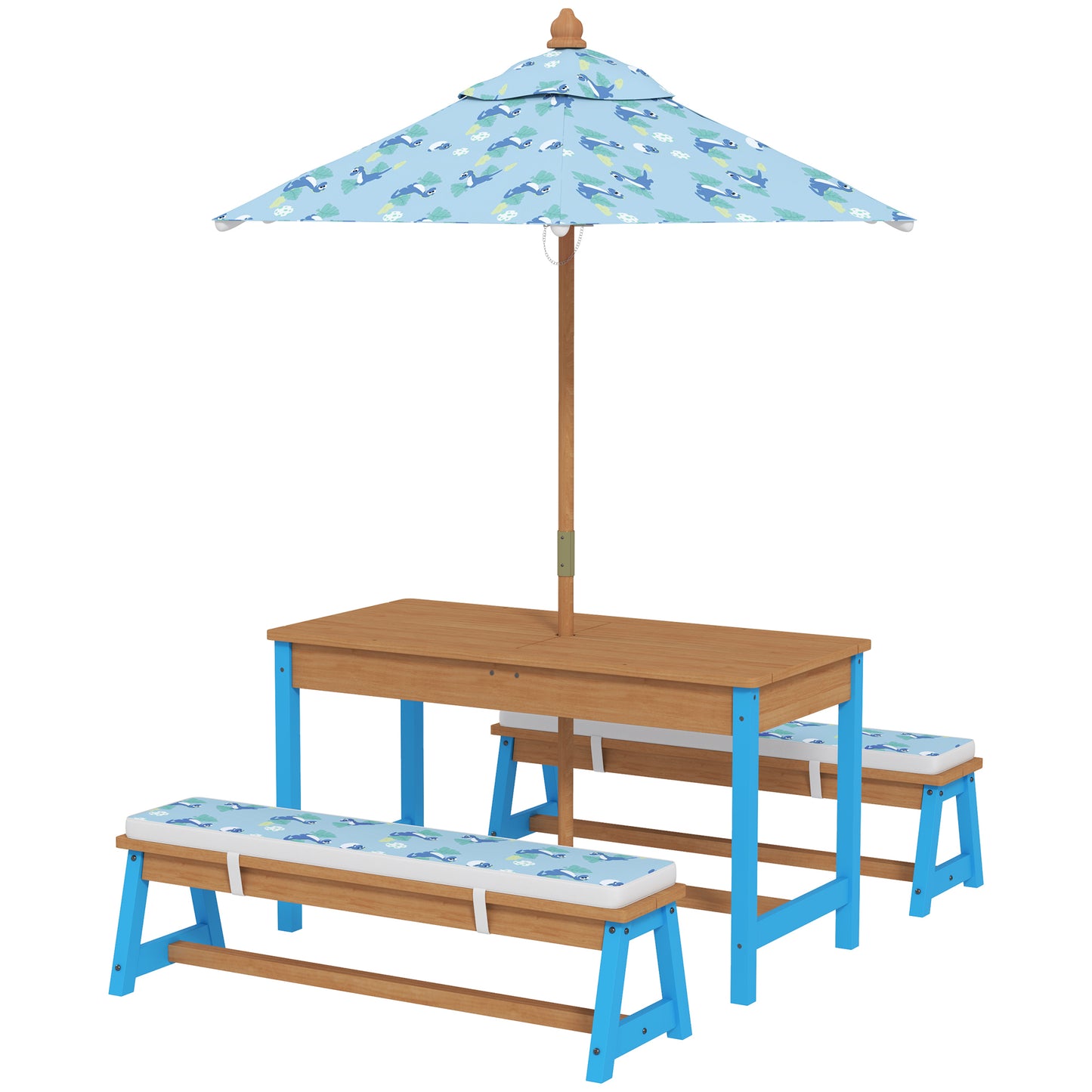 Kids Picnic Table Set with Foldable Umbrella & Cushions - Dinosaur Theme, Blue