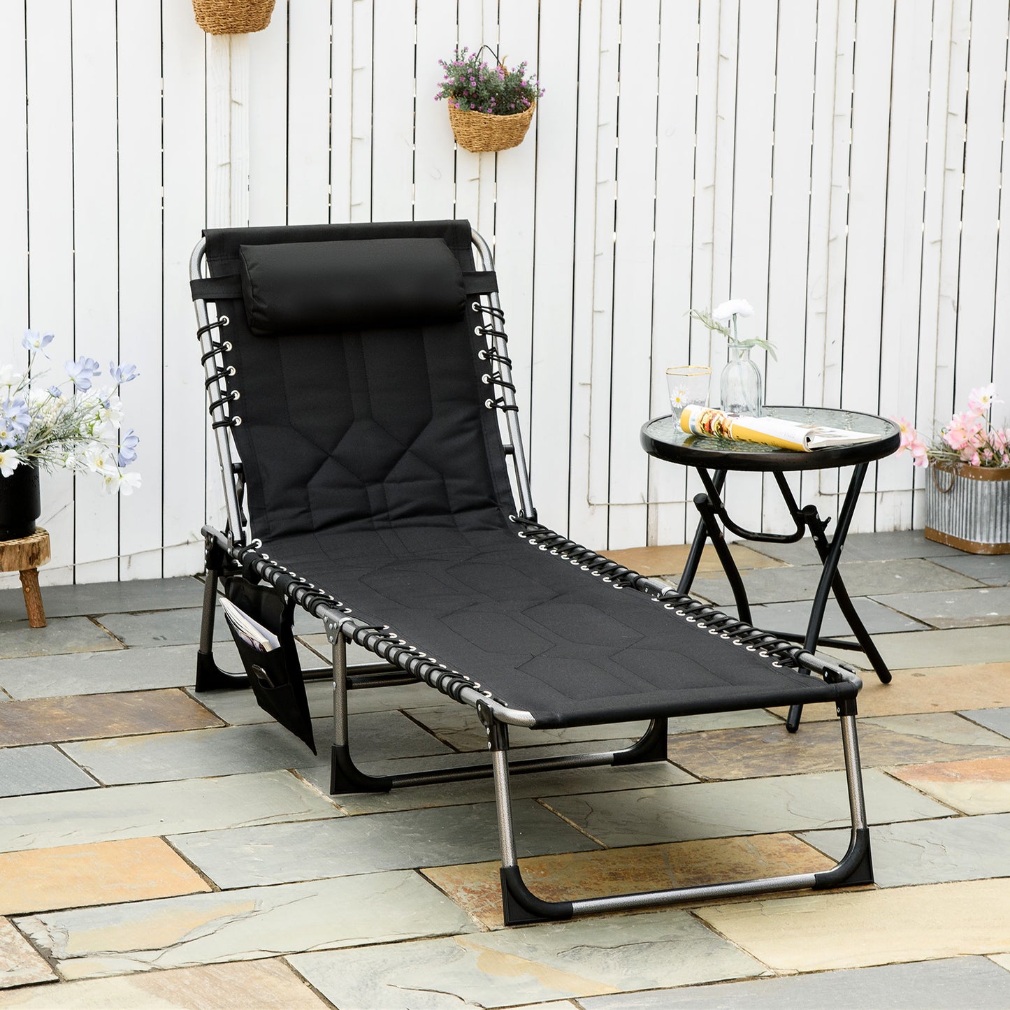 Padded Folding Chaise Lounge Chair - 6-Level Reclining Black