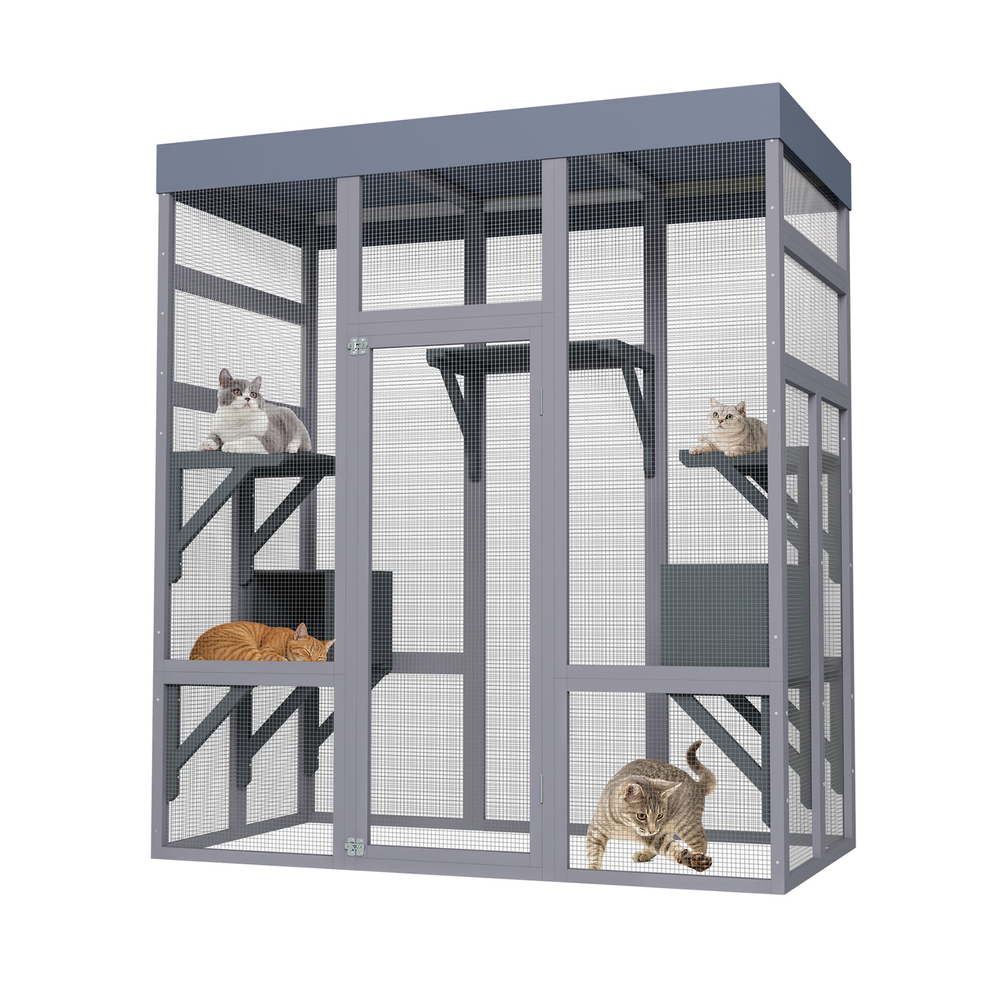 62.6-Inch Wooden Cat Enclosure with Water-Resistant Cover and Multiple Platforms