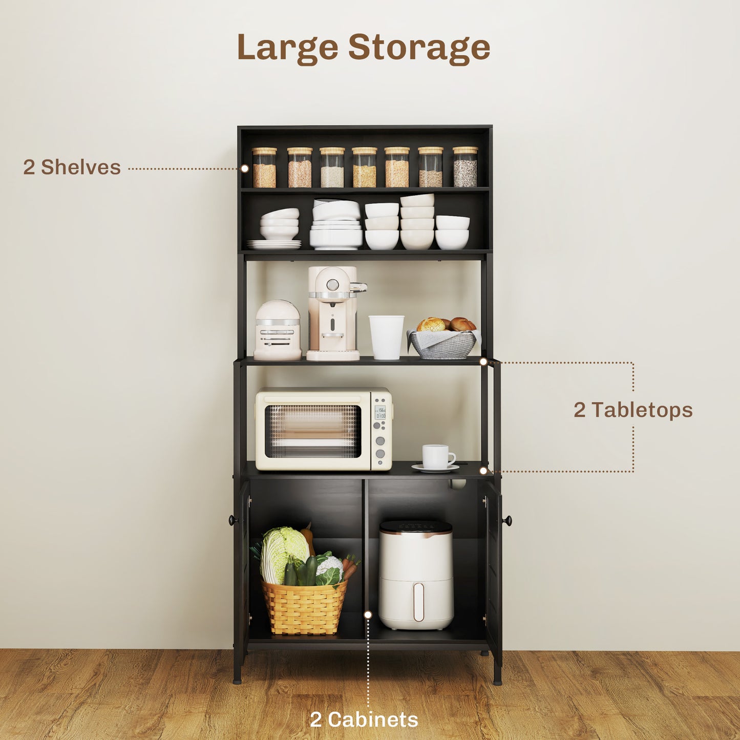 Baker's Rack with Power Outlet & Storage Shelves - Black