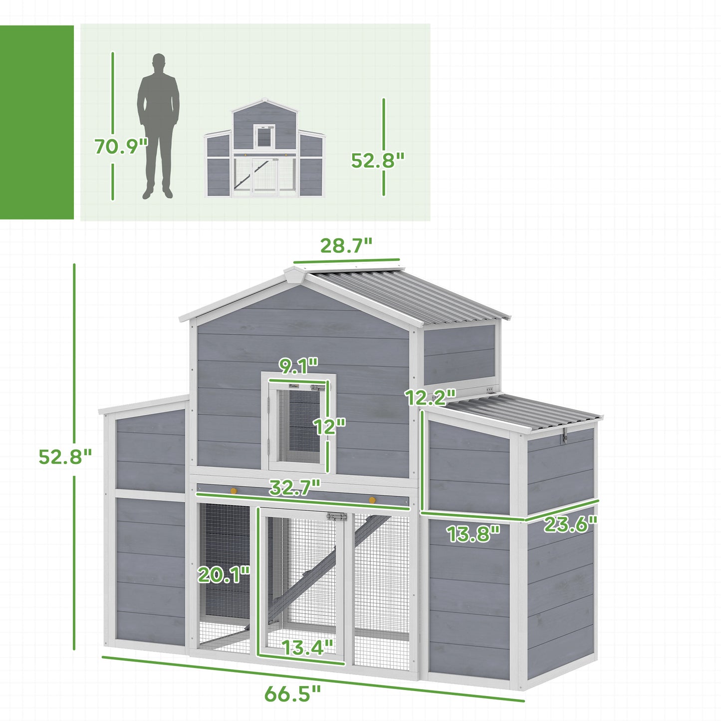 Large Wooden Chicken Coop with Nesting Boxes & Ramp - 66.5 Inch