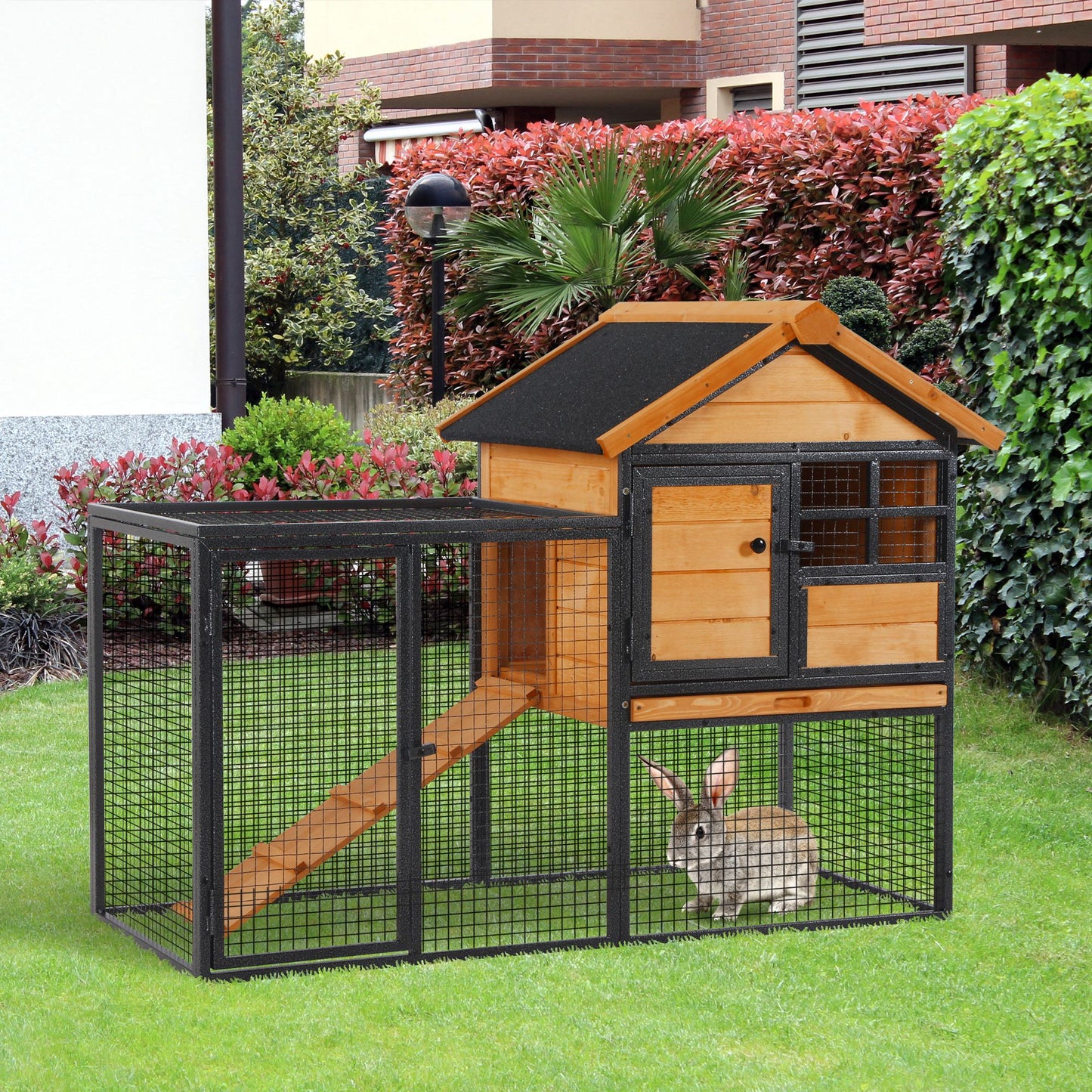 Outdoor Rabbit Cage with Elevated Design & Slide-Out Tray - Natural Wood & Black
