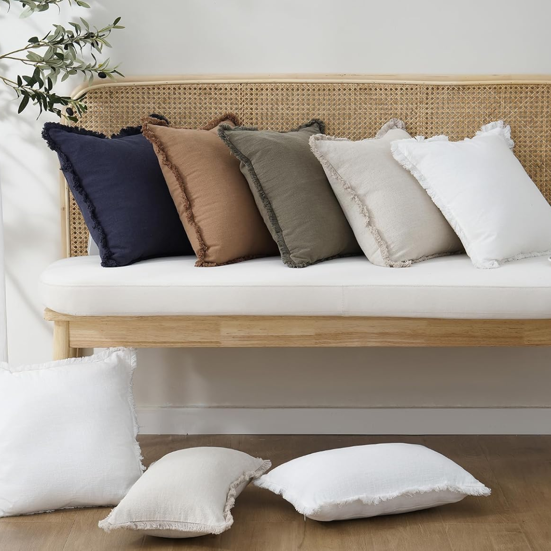 Decorative Linen Fringe Throw Pillow Cover 18x18 Inches - Beige