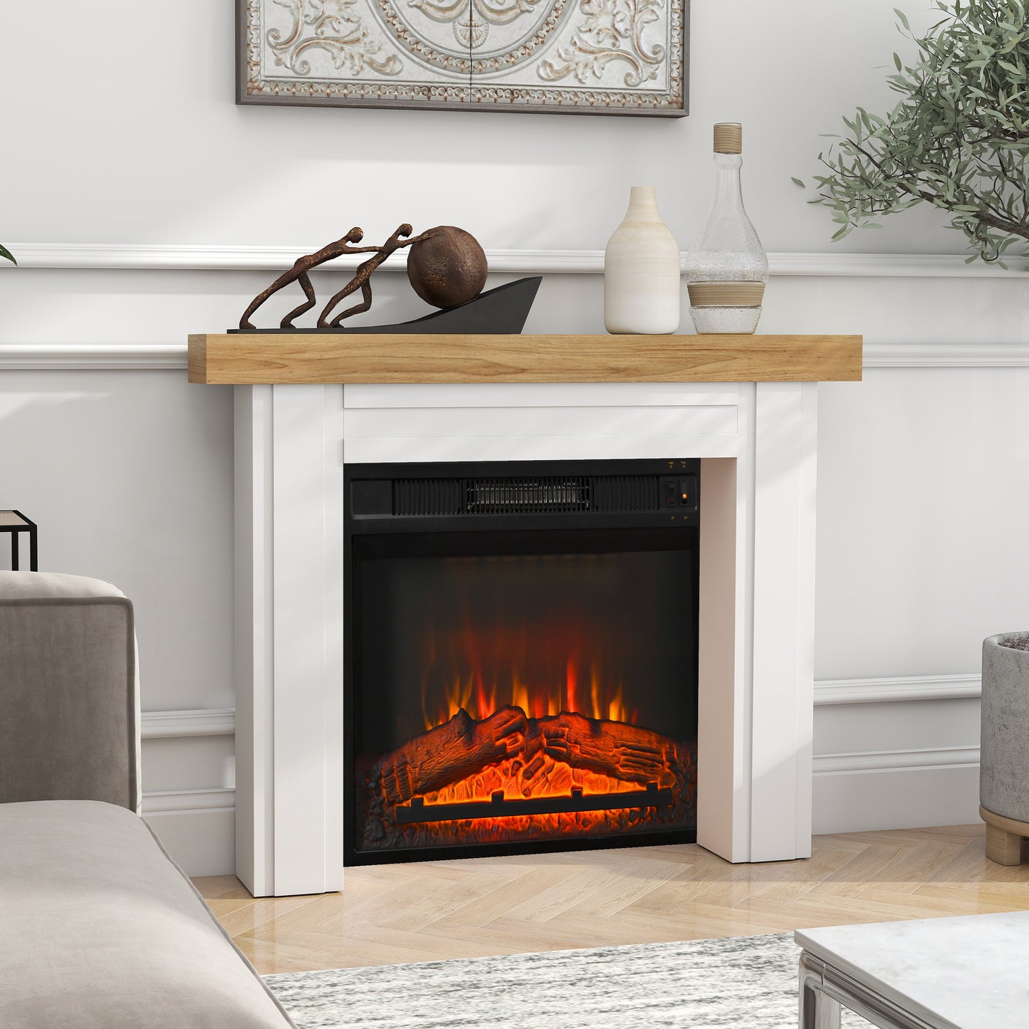 Freestanding Fireplace Mantel Natural Wood for Electric Fireplaces - 51.2" W x 40.6" H