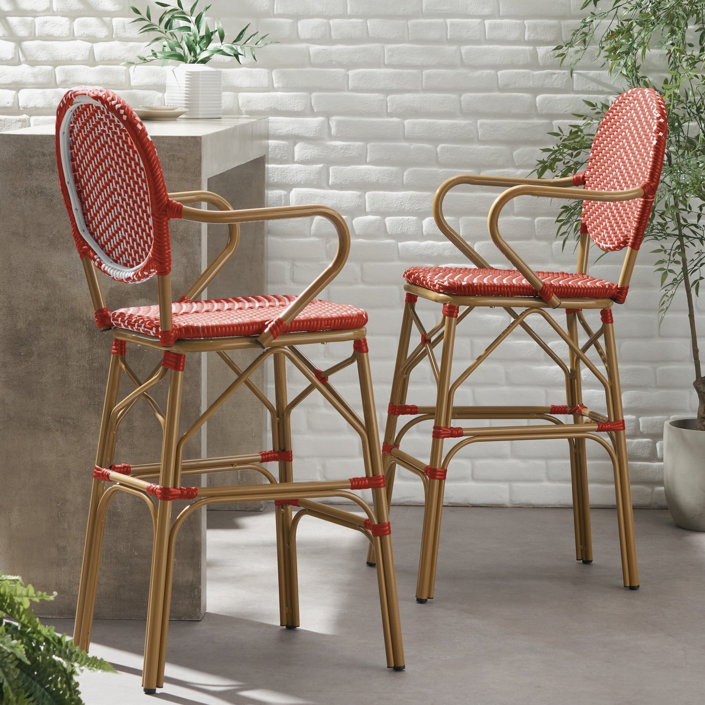 Outdoor Wicker And Aluminum 29.5 French Barstools, Set Of 2, Red,