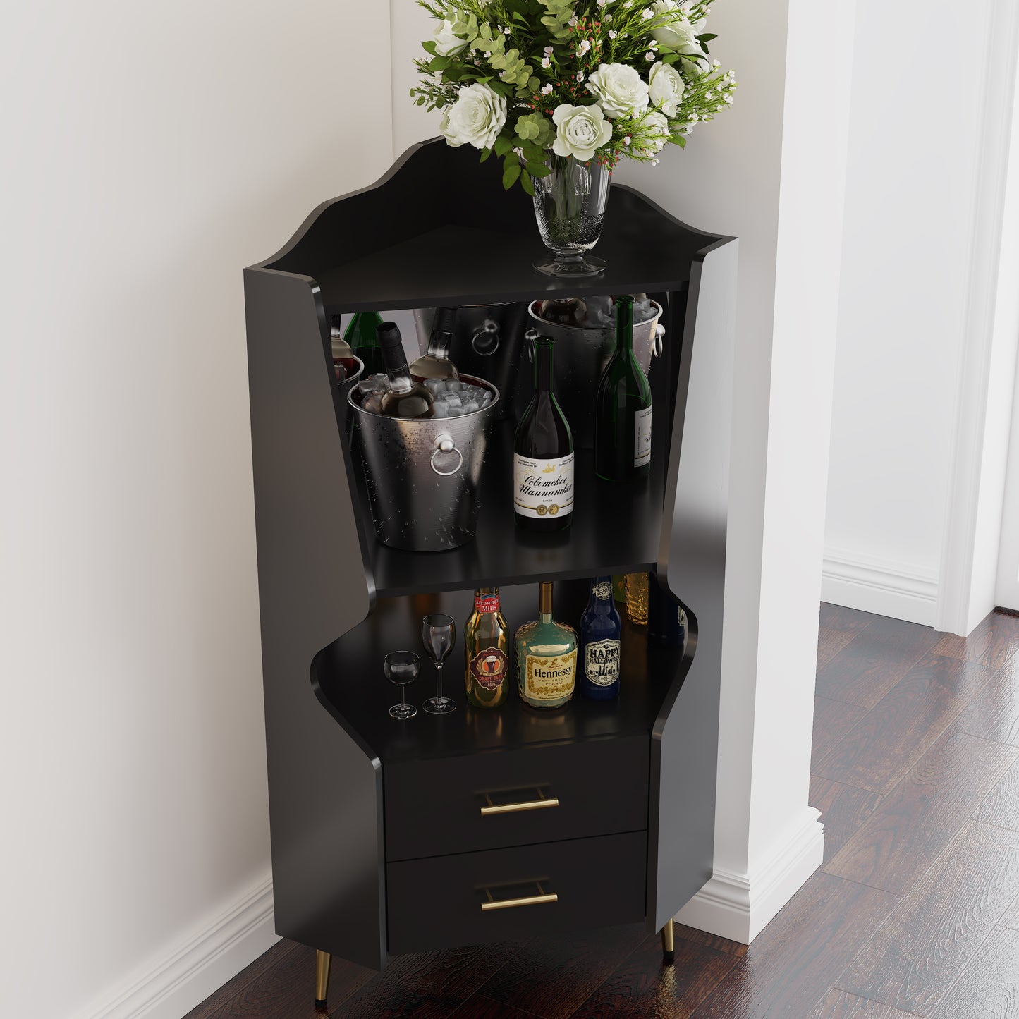 Wooden Corner Bar Cabinet With 2 Open Storage Shelves And Drawers,